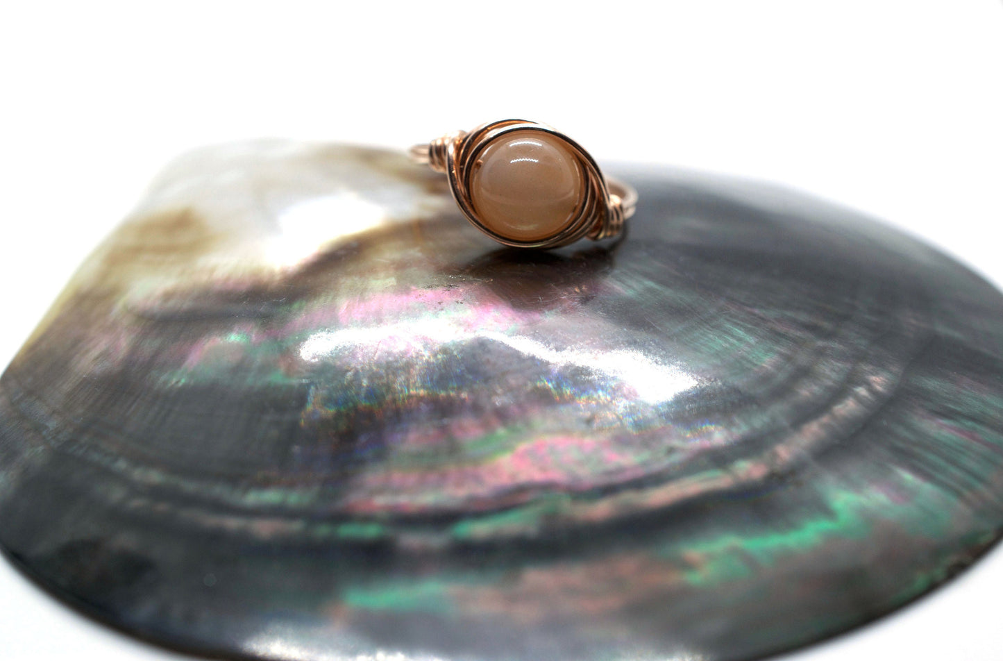 Peach Moonstone in 14k Rose Gold Filled Wire Wrapped Ring