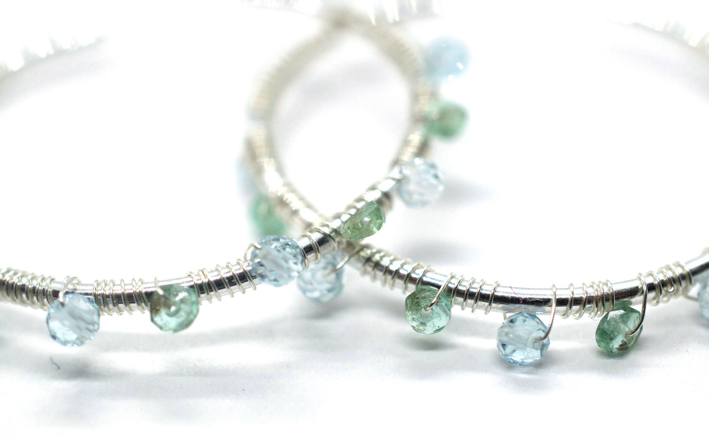 Sterling Silver Hoop Earrings in Aquamarine and Emerald.