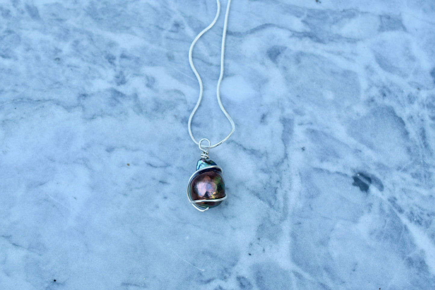 Black Wire Wrapped Pearl Pendant in Sterling Silver