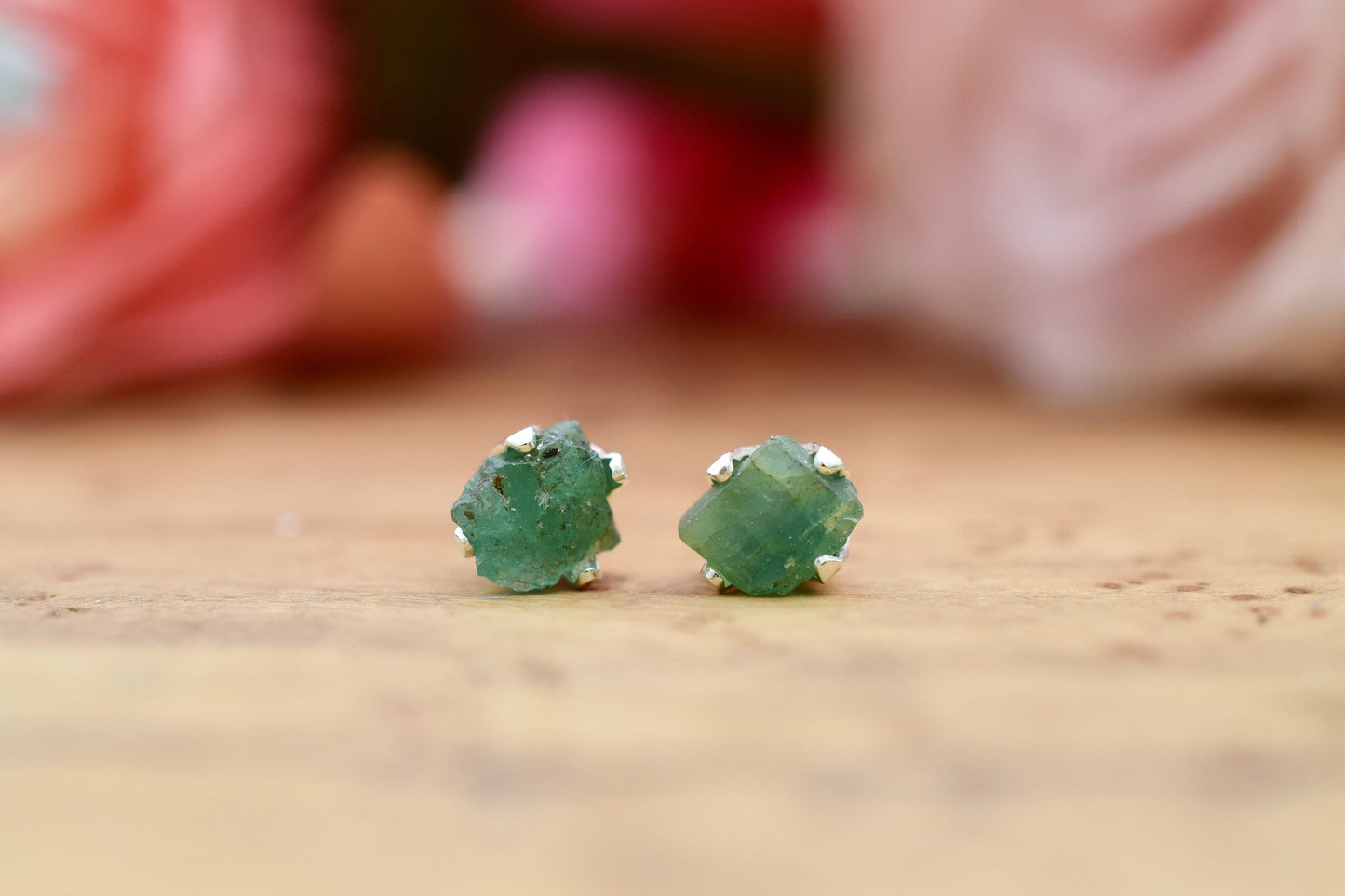 Raw Natural Emerald Earrings Studs in Sterling Silver