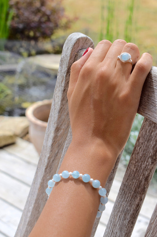 Blue Aquamarine Ring in Sterling Silver, Sterling Silver Wire Wrapped Aquamarine Bead, Handmade ring, Recycled Silver