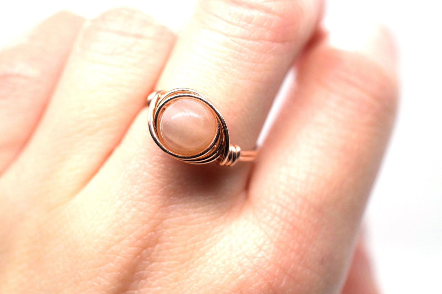 Peach Moonstone in 14k Rose Gold Filled Wire Wrapped Ring