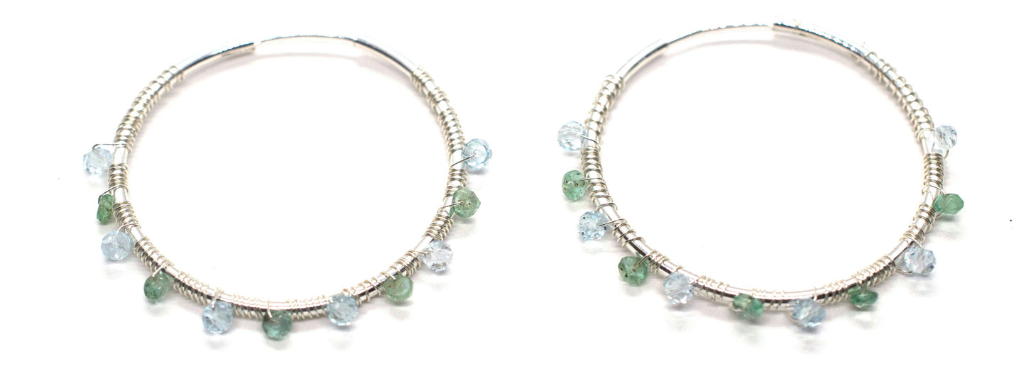 Sterling Silver Hoop Earrings in Aquamarine and Emerald.