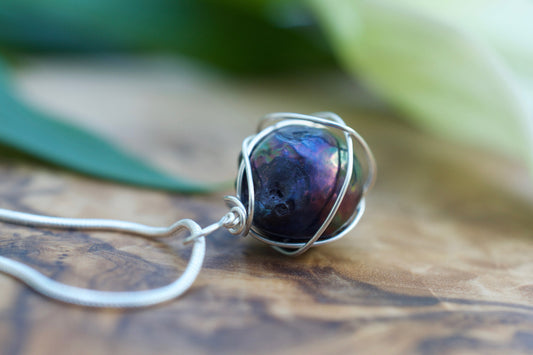 Black Wire Wrapped Pearl Pendant in Sterling Silver