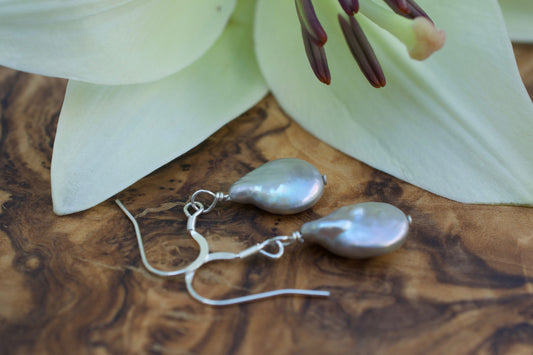 Grey Coin Pearl Earrings