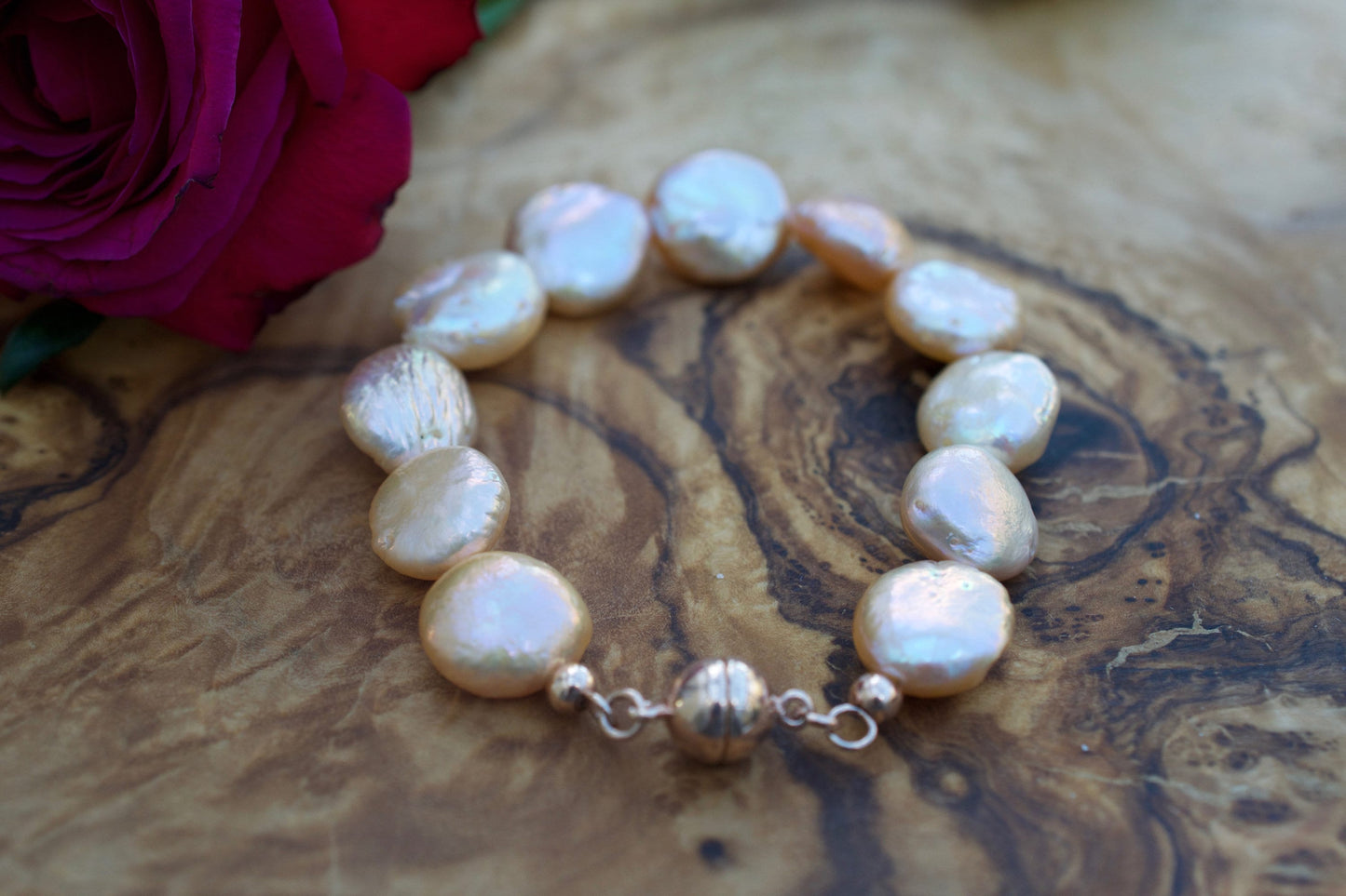 Pink Coin Pearl Bracelet in Sterling Silver