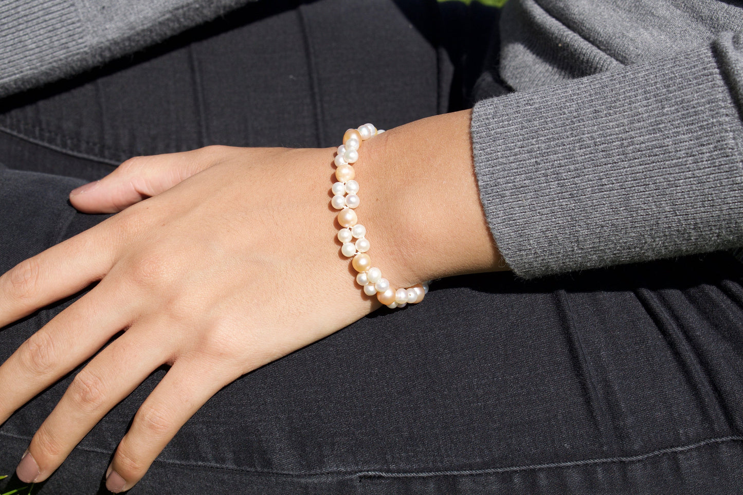 Multi Strand Knotted Pearl Bridal Bracelet Pink Pearls & White Pearls
