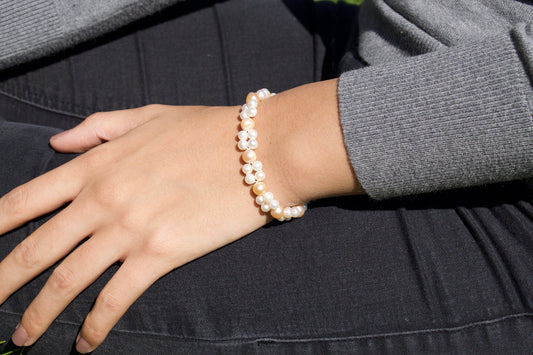 Multi Strand Knotted Pearl Bridal Bracelet Pink Pearls & White Pearls