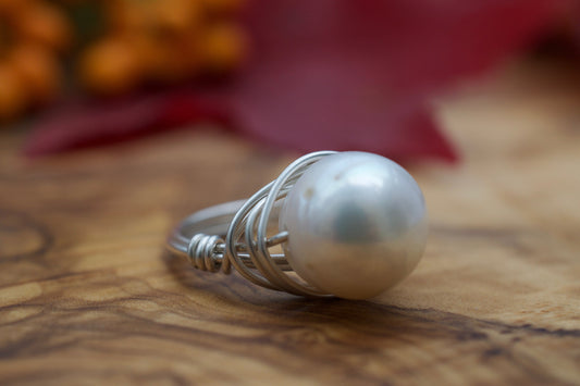Statement Pearl Ring, Large Pearl Ring, White Pearl Ring in Sterling Silver