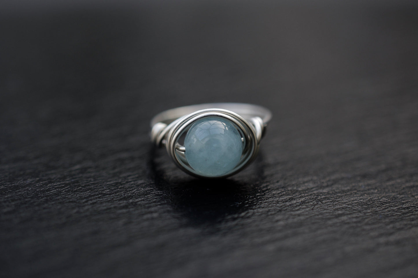 Blue Aquamarine Ring in Sterling Silver, Sterling Silver Wire Wrapped Aquamarine Bead, Handmade ring, Recycled Silver