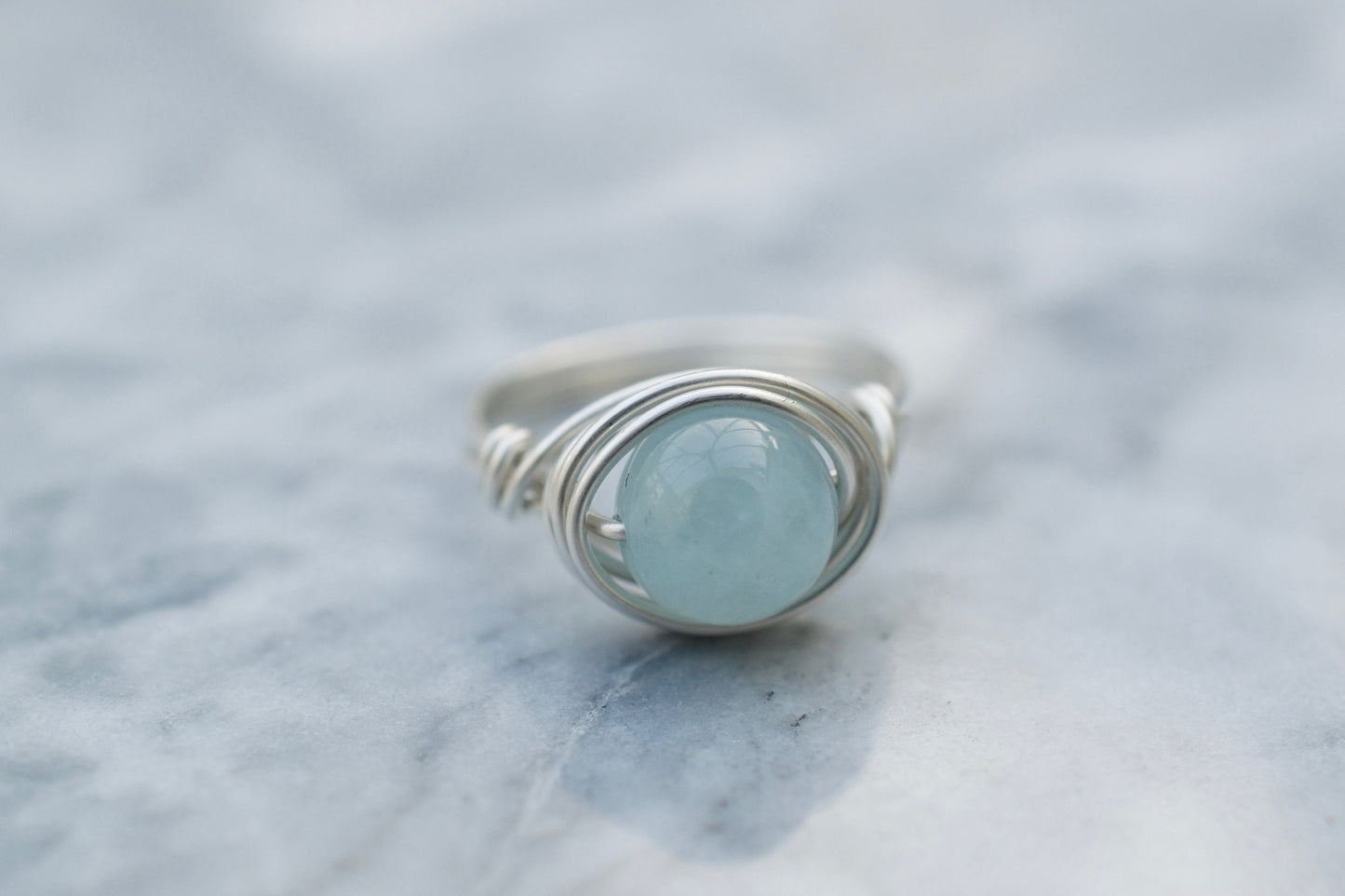 Blue Aquamarine Ring in Sterling Silver, Sterling Silver Wire Wrapped Aquamarine Bead, Handmade ring, Recycled Silver