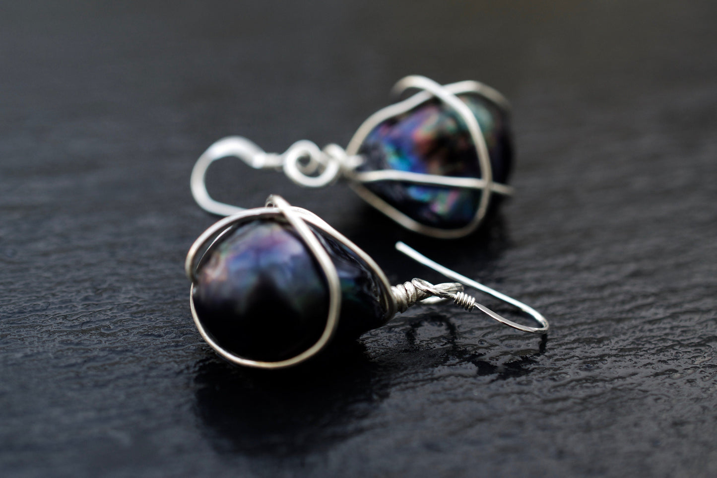Black Pearl Earrings Wrapped in Sterling Silver Wire