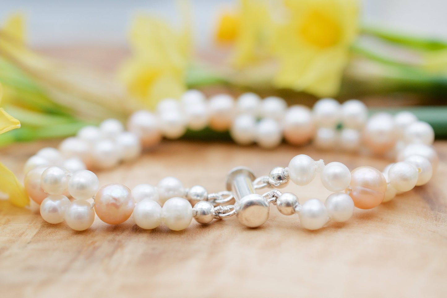 Multi Strand Knotted Pearl Bridal Bracelet Pink Pearls & White Pearls