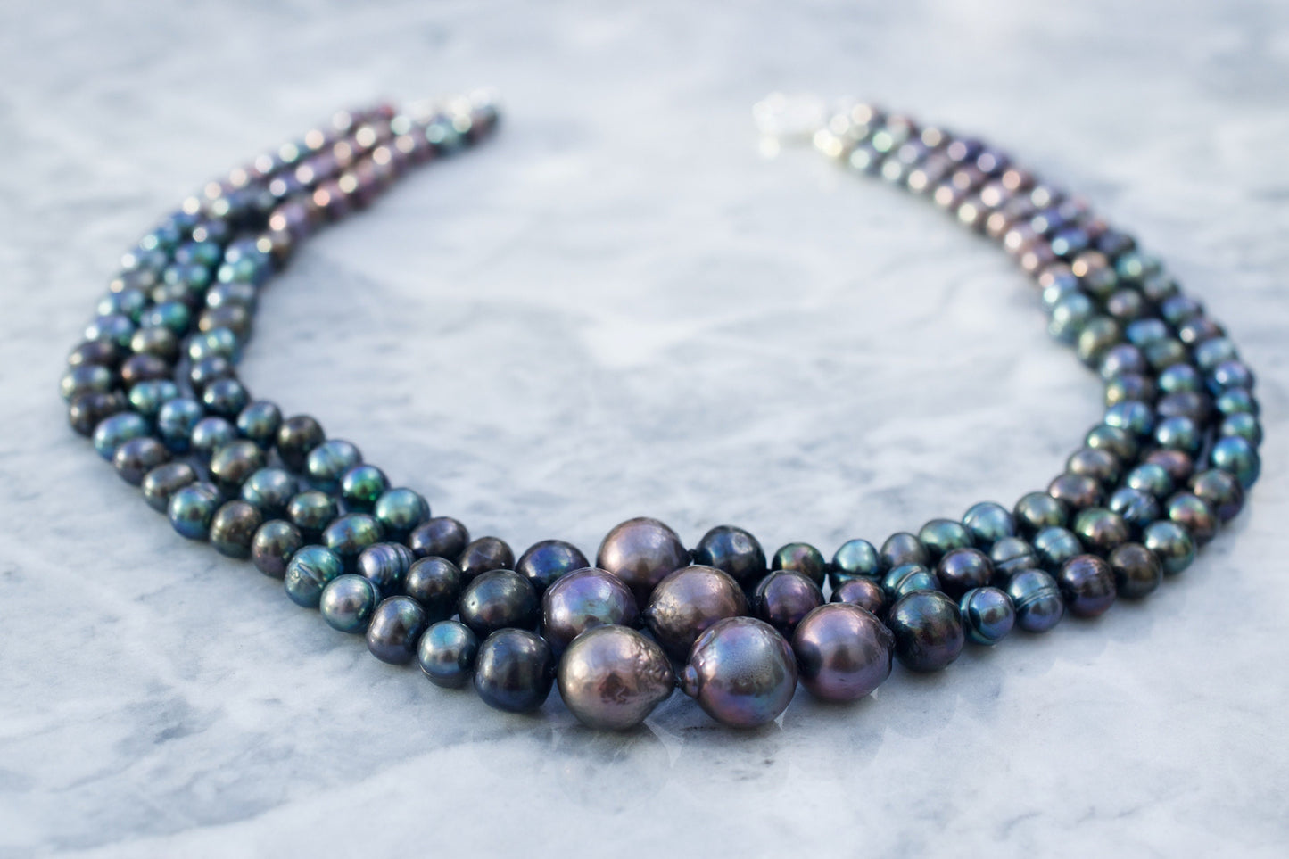 Graduated Pearl Necklace in Black with Sterling Silver