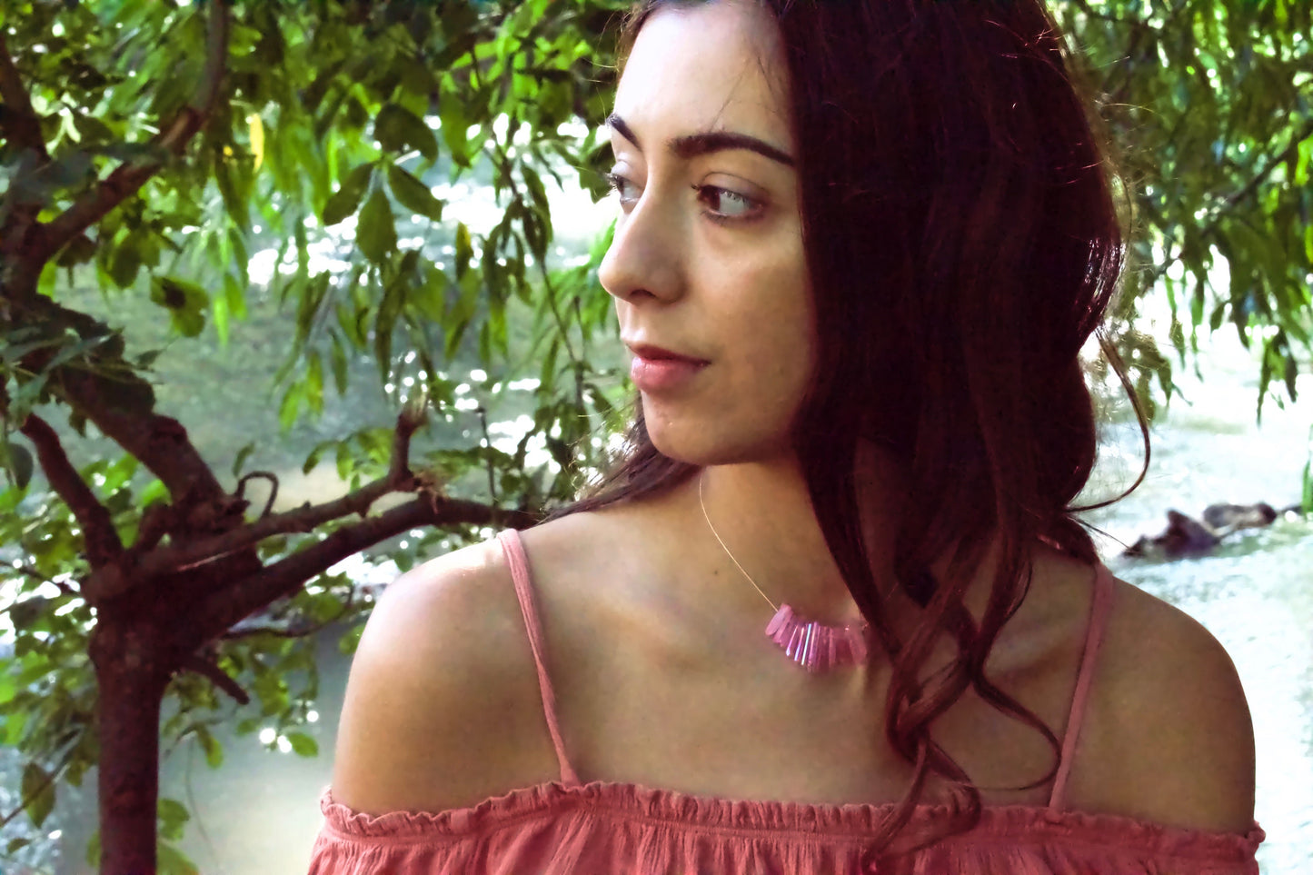 Raw Pink Quartz Necklace in Sterling Silver