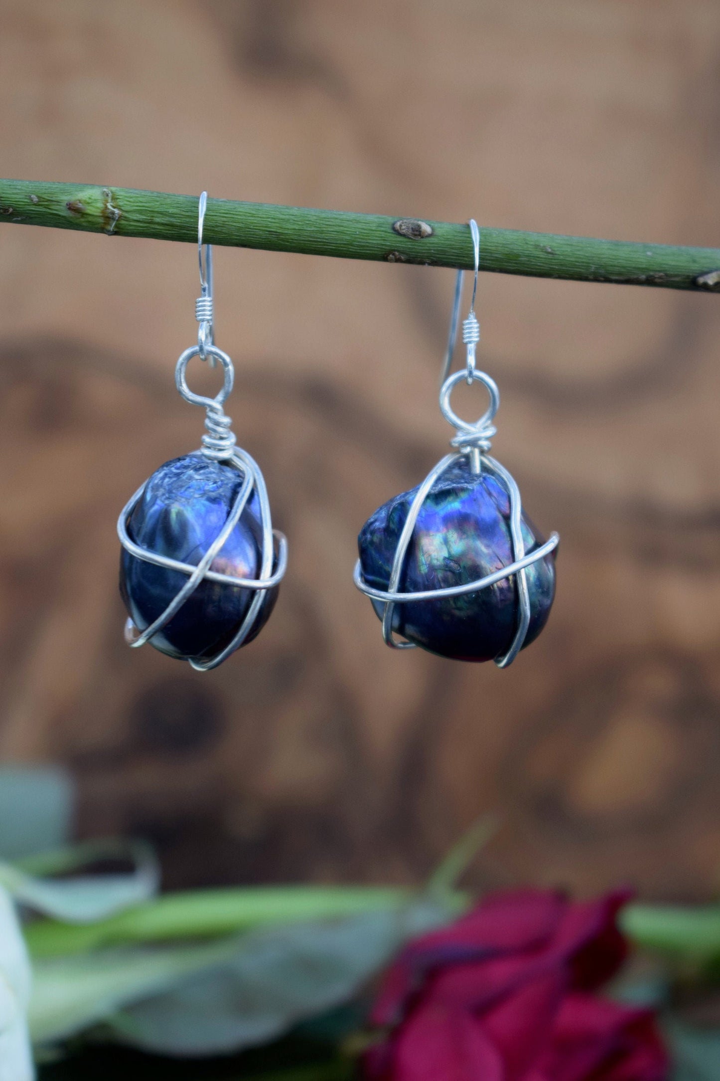 Black Pearl Earrings Wrapped in Sterling Silver Wire