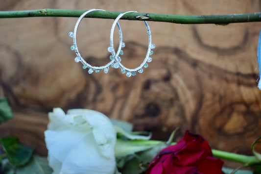 Sterling Silver Hoop Earrings in Aquamarine and Emerald.
