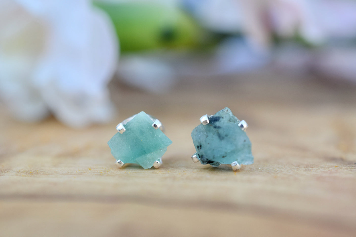 Raw Natural Emerald Earrings Studs in Sterling Silver