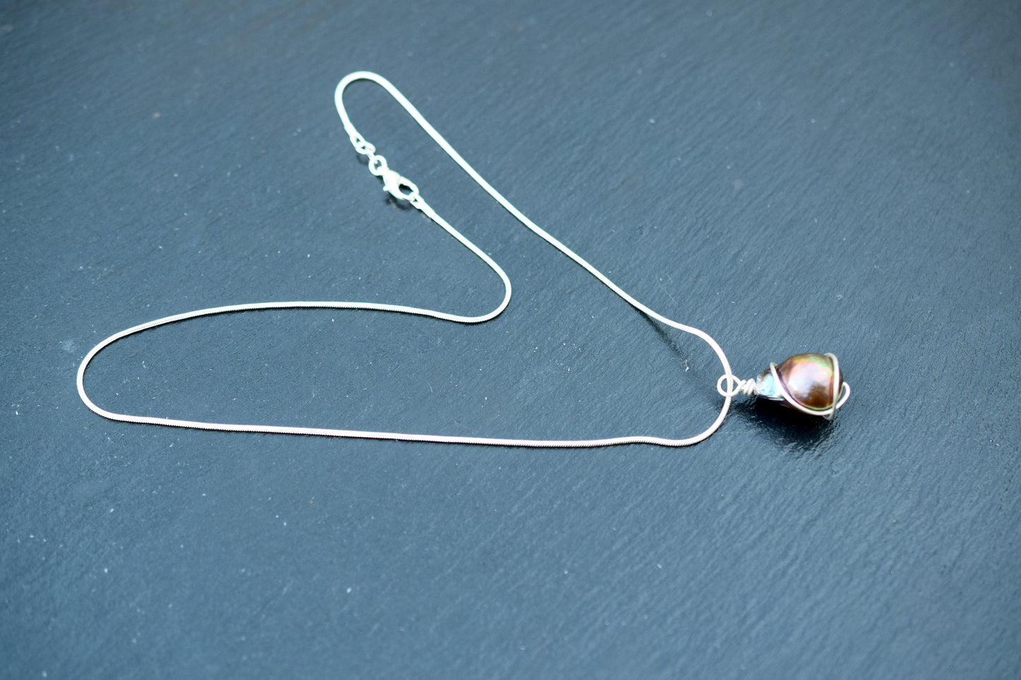 Black Wire Wrapped Pearl Pendant in Sterling Silver