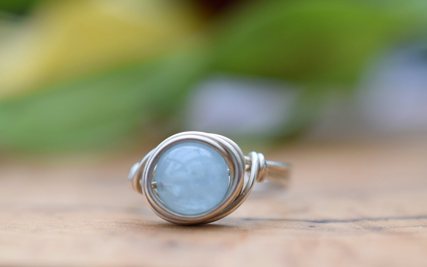Blue Aquamarine Ring in Sterling Silver, Sterling Silver Wire Wrapped Aquamarine Bead, Handmade ring, Recycled Silver