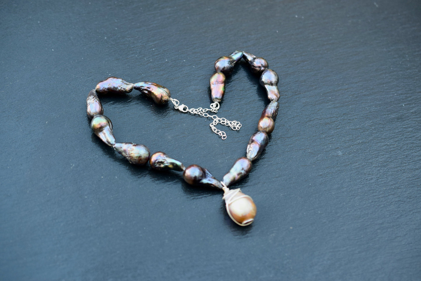 Black Baroque Necklace with Pink Baroque Pendant