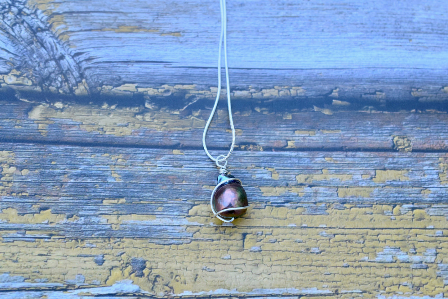 Black Wire Wrapped Pearl Pendant in Sterling Silver