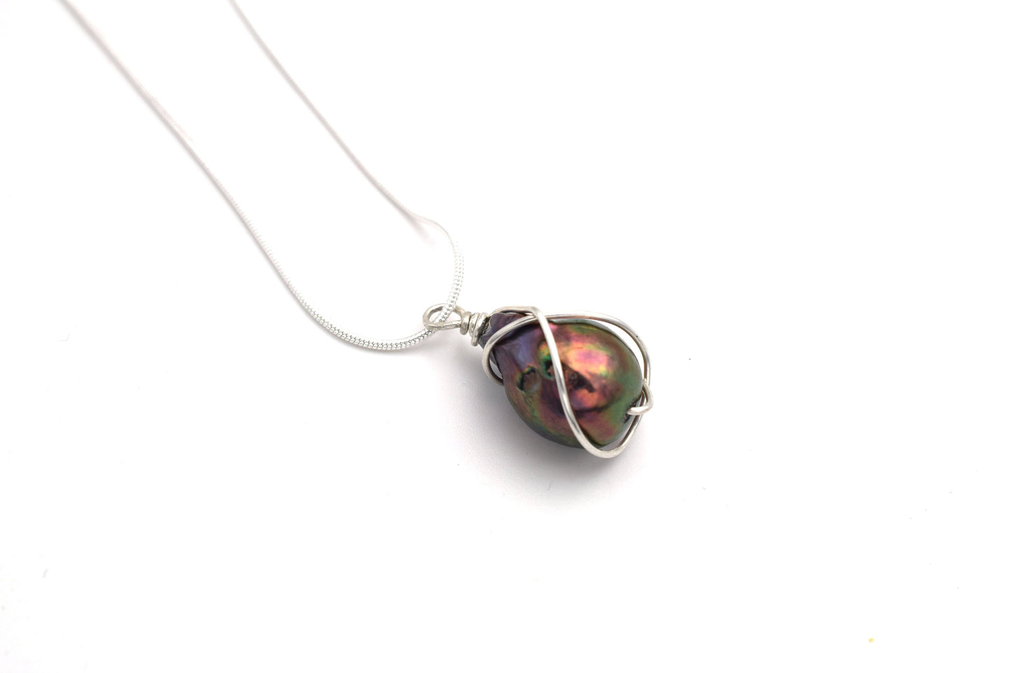 Black Wire Wrapped Pearl Pendant in Sterling Silver