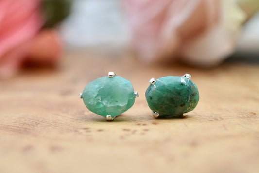 Raw Natural Emerald Earrings Studs in Sterling Silver