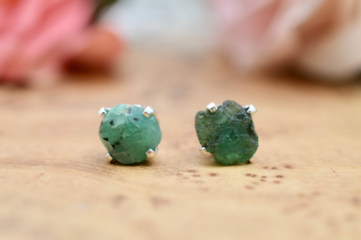 Raw Natural Emerald Earrings Studs in Sterling Silver
