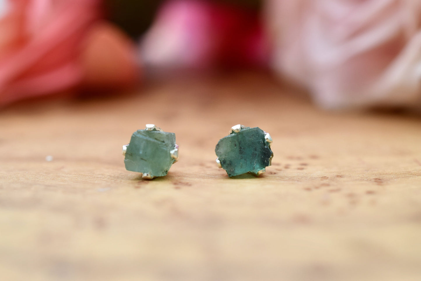 Raw Natural Emerald Earrings Studs in Sterling Silver