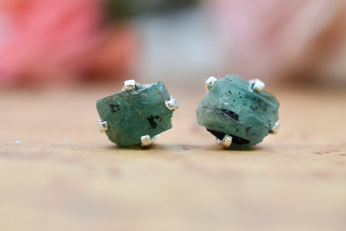 Raw Natural Emerald Earrings Studs in Sterling Silver