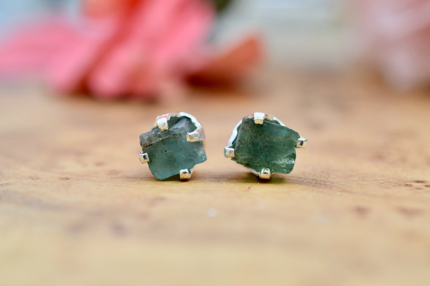 Raw Natural Emerald Earrings Studs in Sterling Silver