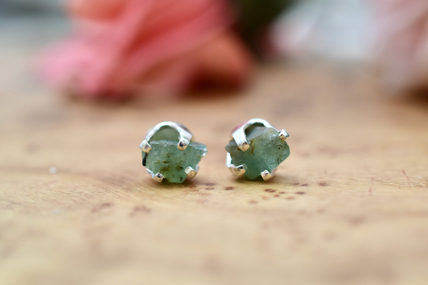 Raw Natural Emerald Earrings Studs in Sterling Silver