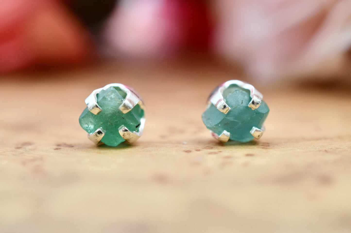 Raw Natural Emerald Earrings Studs in Sterling Silver