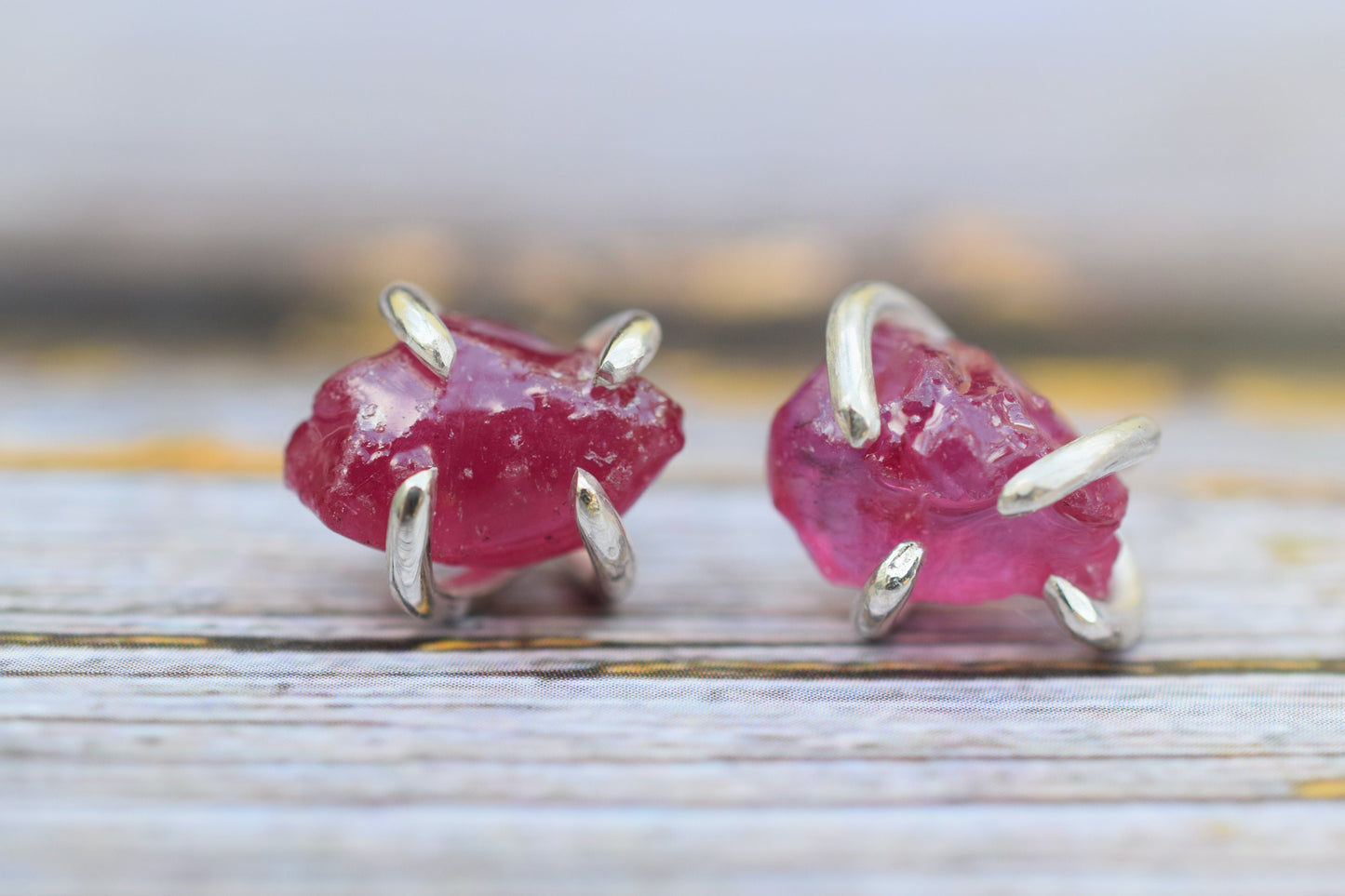 Raw Ruby Claw Earrings in Sterling Silver