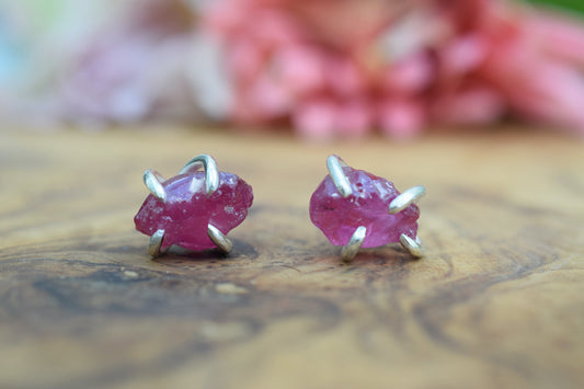 Raw Ruby Claw Earrings in Sterling Silver