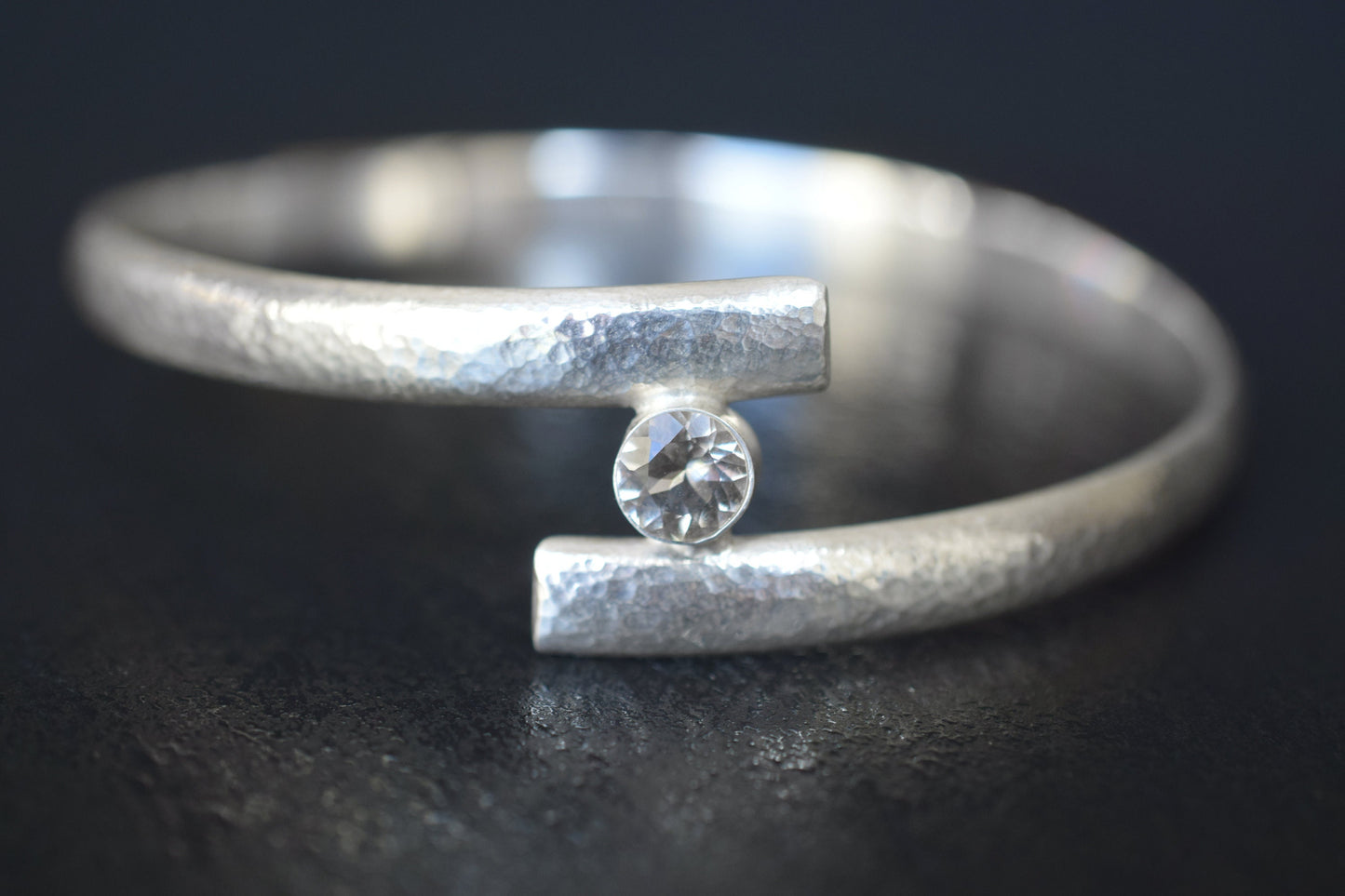 Handmade Sterling Silver Hammered Bangle with Choice of Gemstone - Custom Size Jewelry Gift for Her