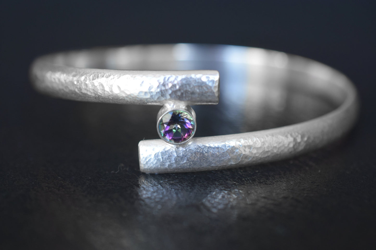 Handmade Sterling Silver Hammered Bangle with Choice of Gemstone - Custom Size Jewelry Gift for Her