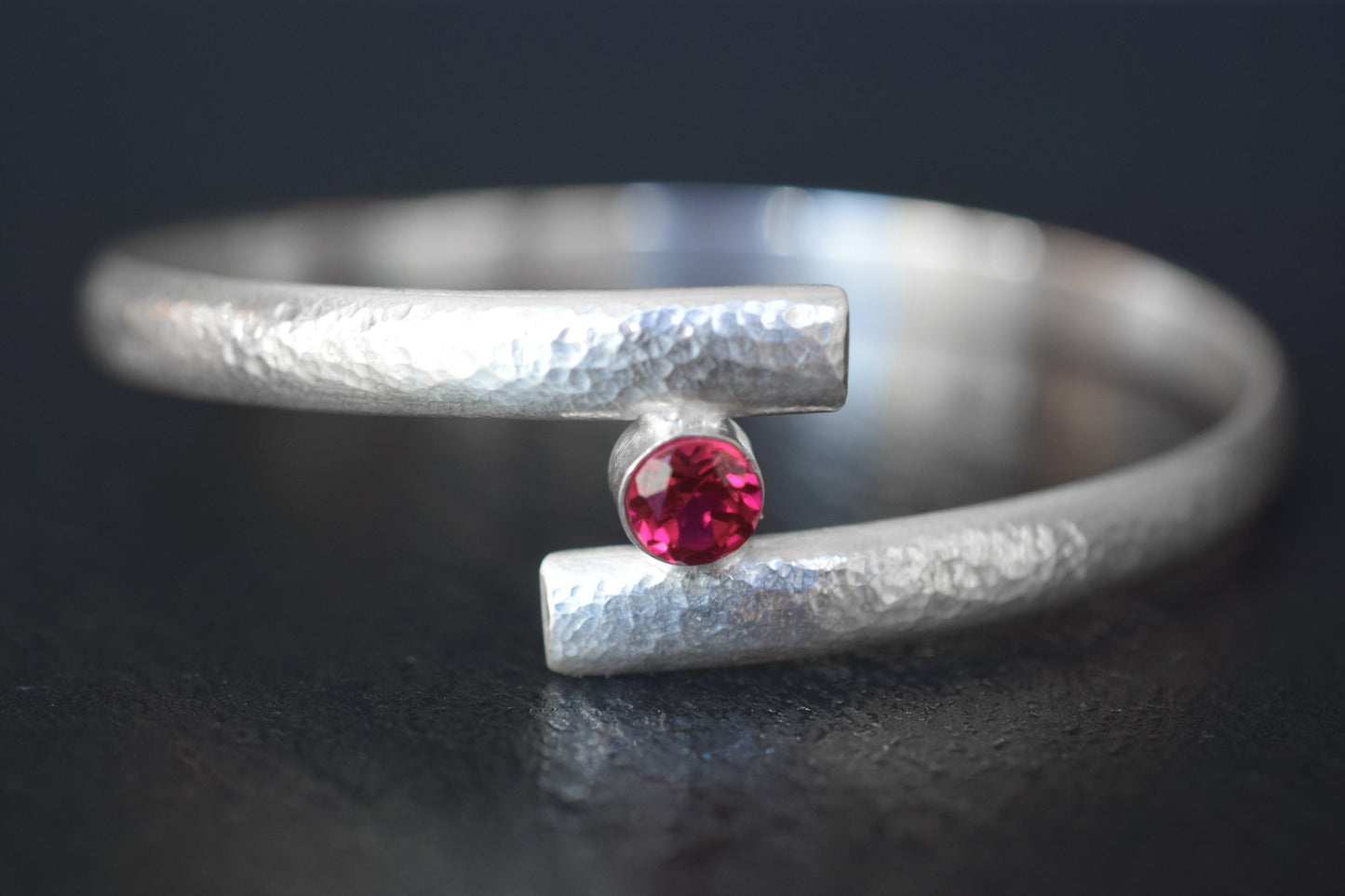 Handmade Sterling Silver Hammered Bangle with Choice of Gemstone - Custom Size Jewelry Gift for Her