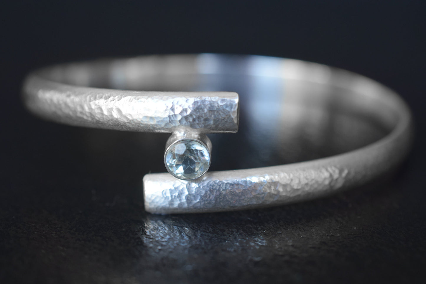 Handmade Sterling Silver Hammered Bangle with Choice of Gemstone - Custom Size Jewelry Gift for Her