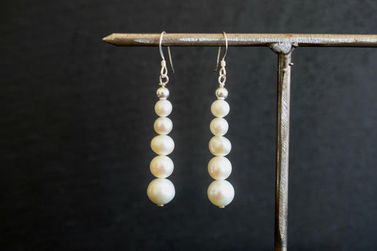 White Real Pearl Earrings in Sterling Silver, Long Bridal Earrings