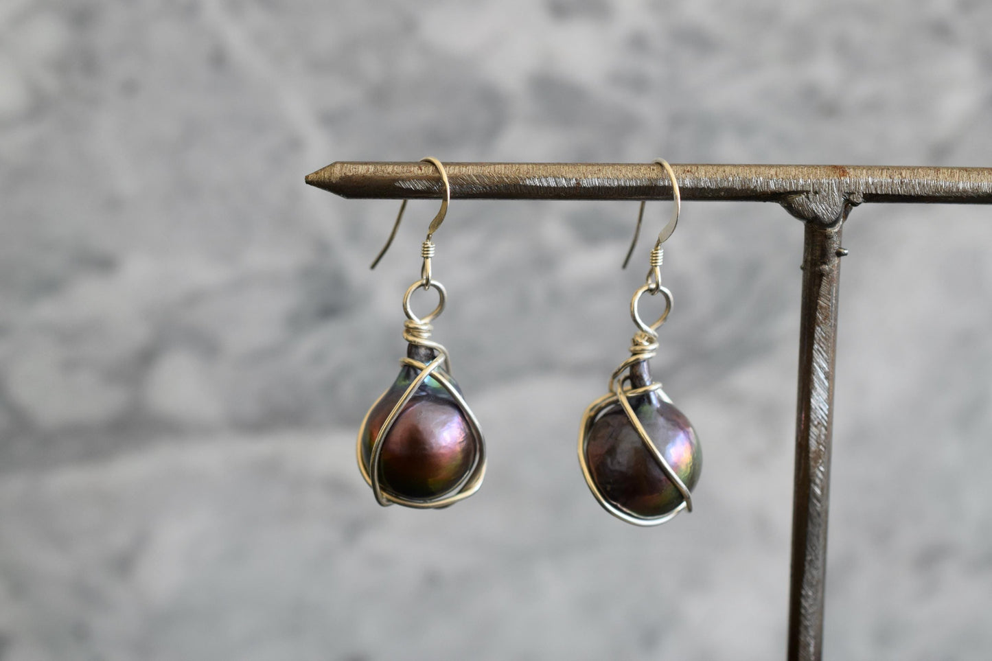 Black Pearl Earrings Wrapped in Sterling Silver Wire