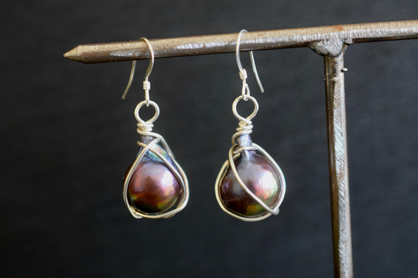 Black Pearl Earrings Wrapped in Sterling Silver Wire