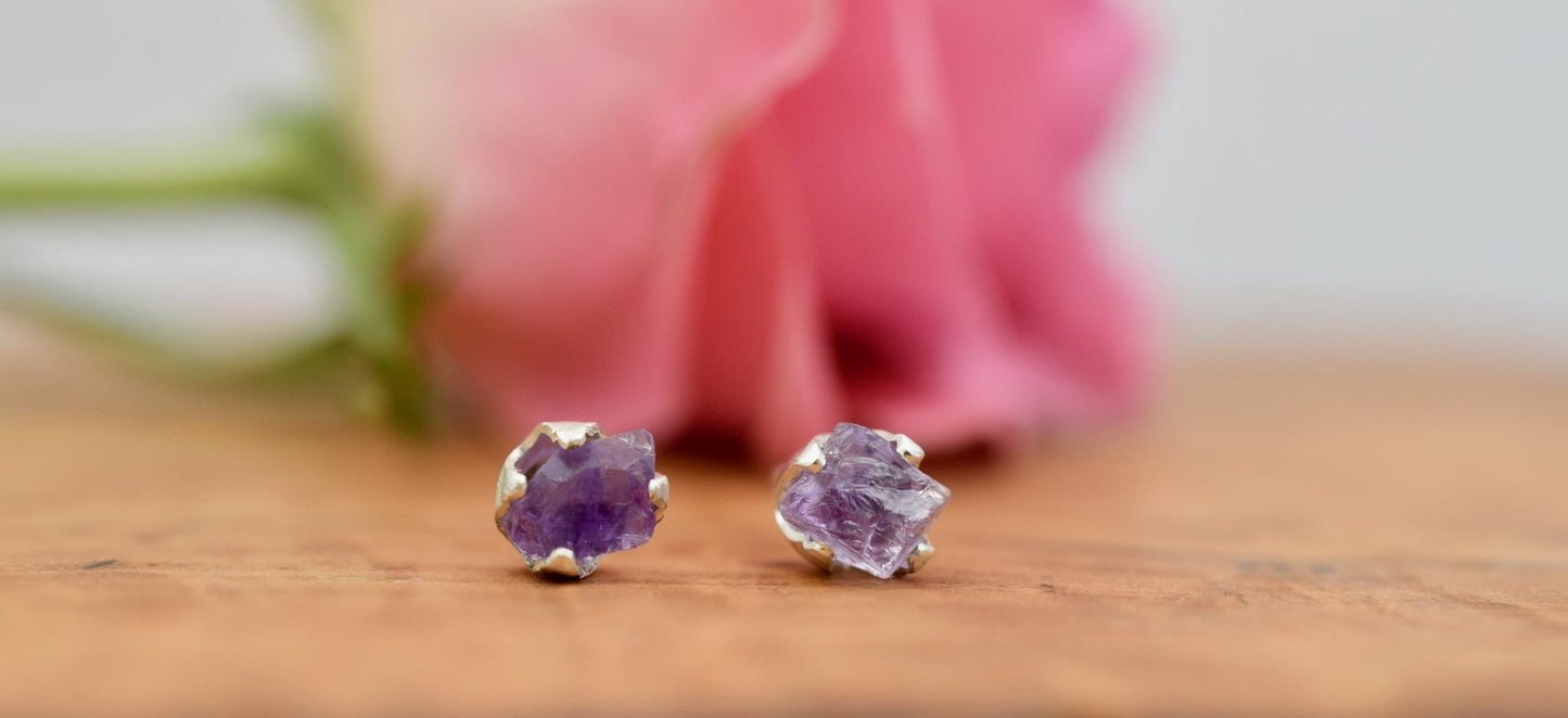 Raw Amethyst Earrings in Sterling Silver