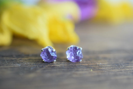 Raw Amethyst Earrings in Sterling Silver