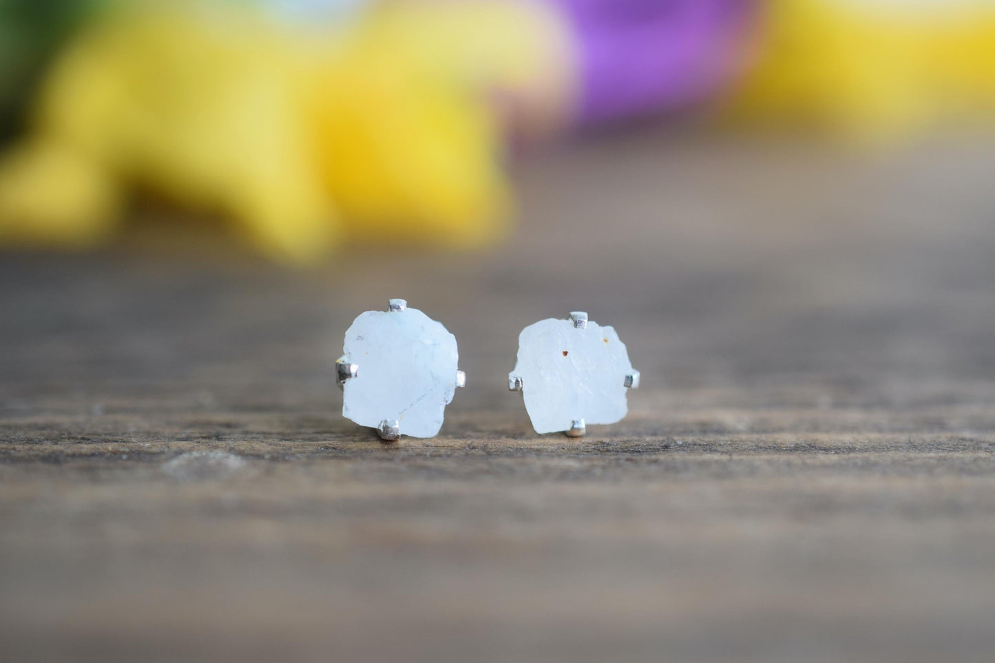 Raw Moonstone Stud Earring with Sterling Silver.